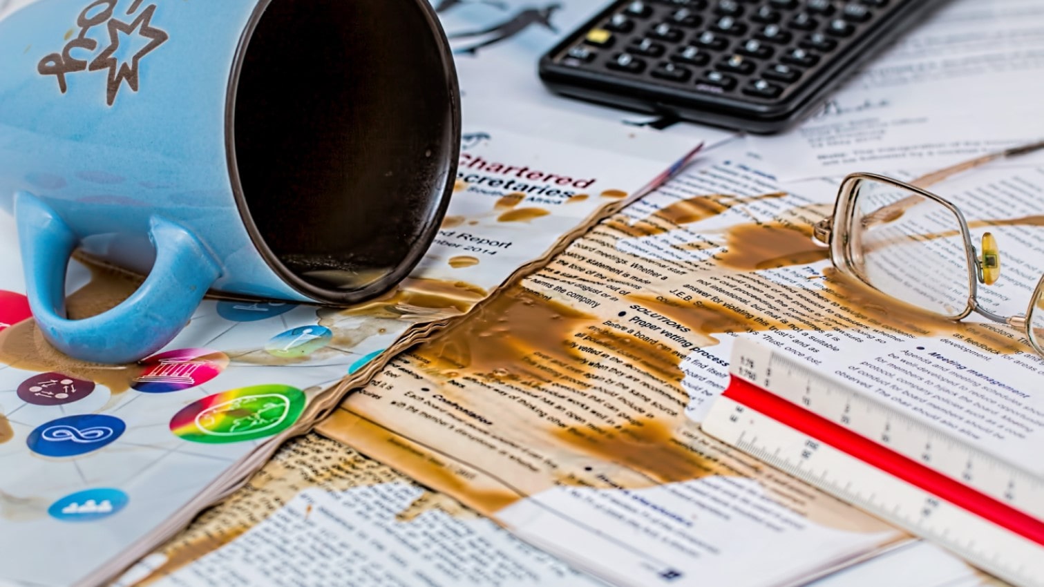 Coffee spill on work papers