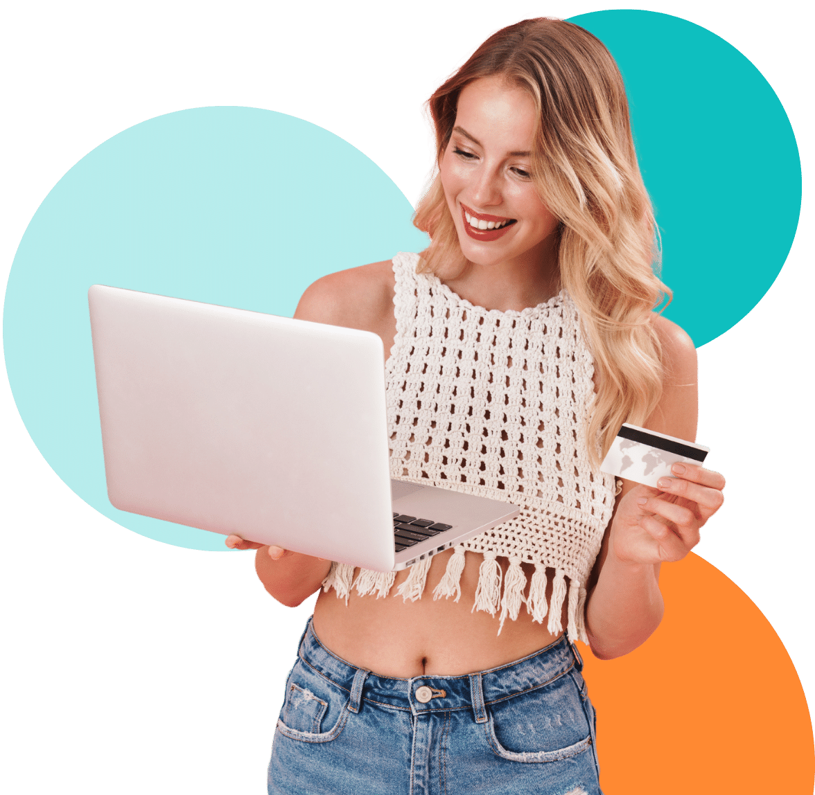 woman happily using computer